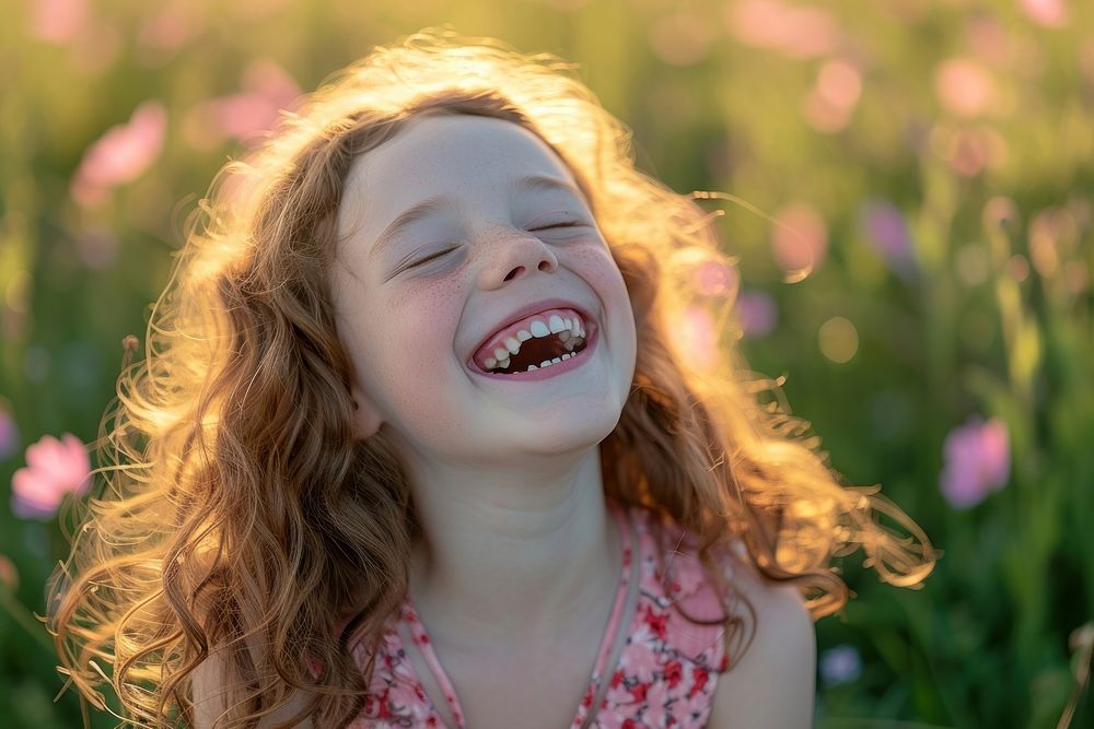 Young british girl laughing child eyes closed.