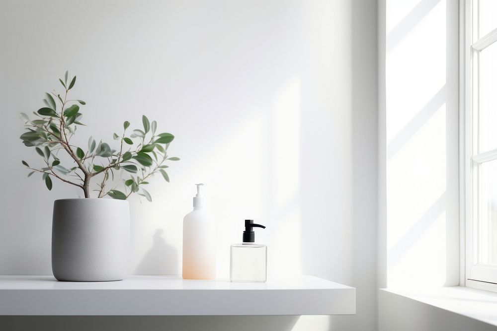 Scandinavian interior design of a bathroom windowsill plant white.