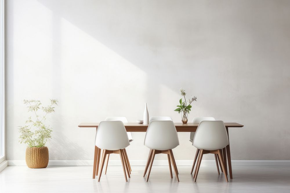 Scandinavian interior design of a dinning room wall architecture furniture.