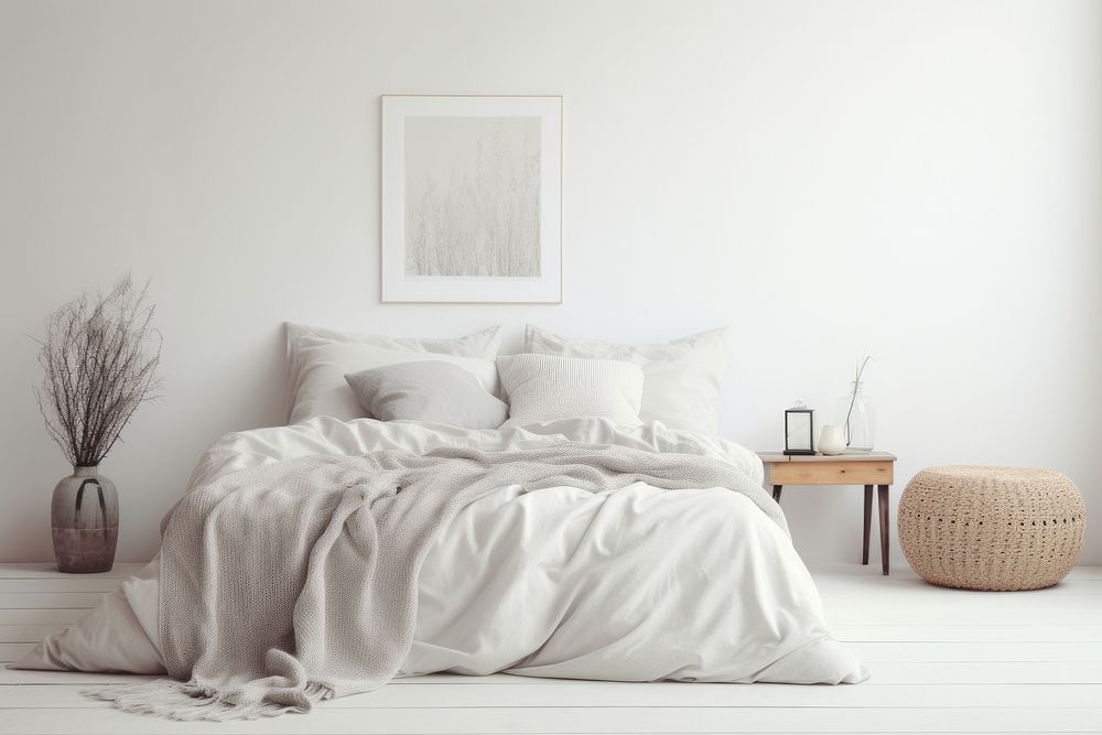 Scandinavian interior design of a bedroom furniture blanket cushion.