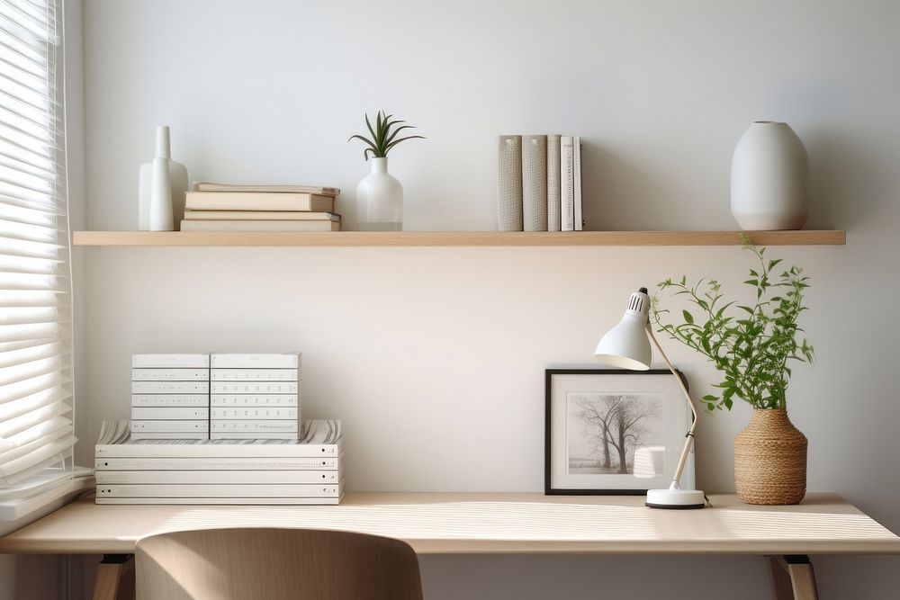 Scandinavian interior design of a home office furniture table shelf.