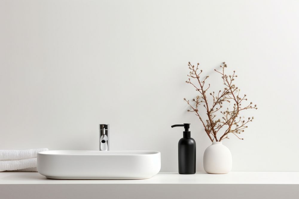 Scandinavian interior design of a bathroom plant white sink.