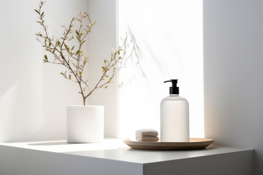 Scandinavian interior design of a rest room plant white vase.