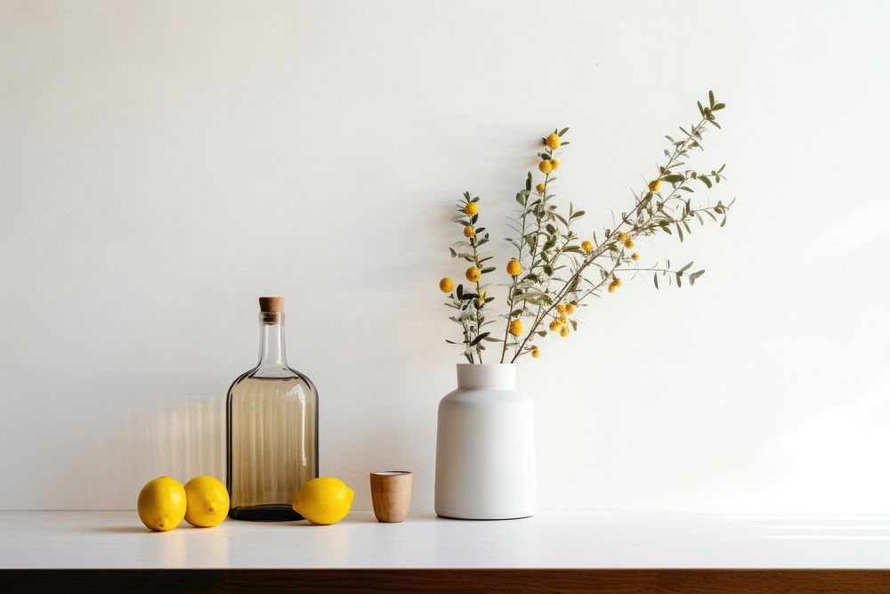 Scandinavian interior design of a kitchen flower fruit lemon.