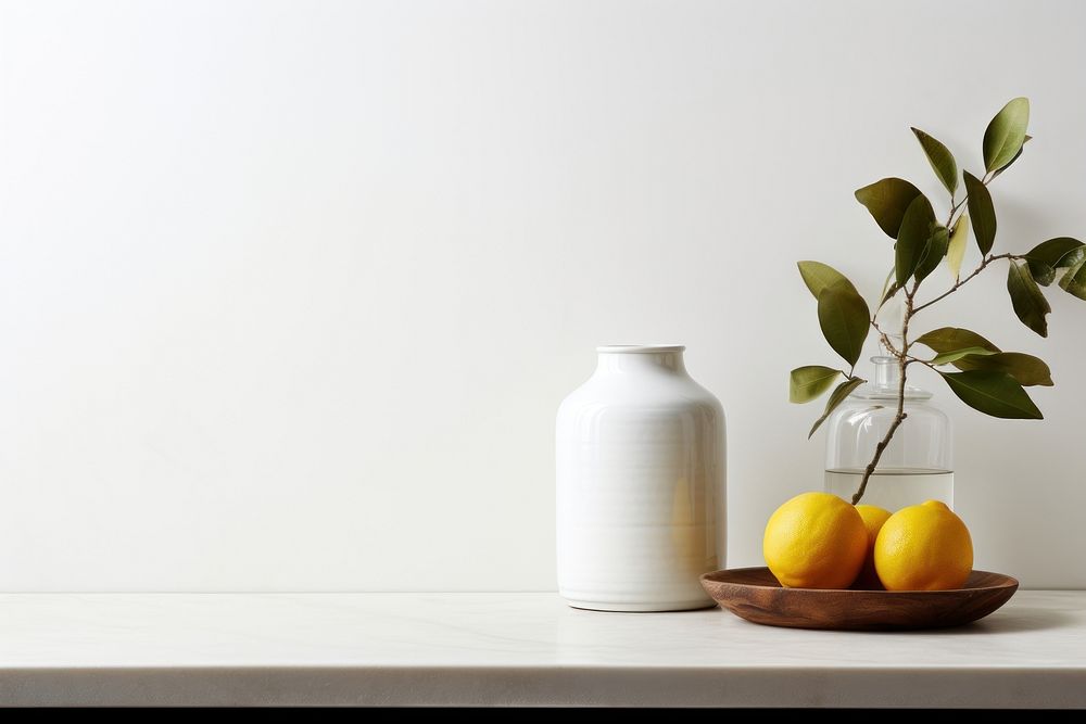 Scandinavian interior design of a kitchen fruit plant white.