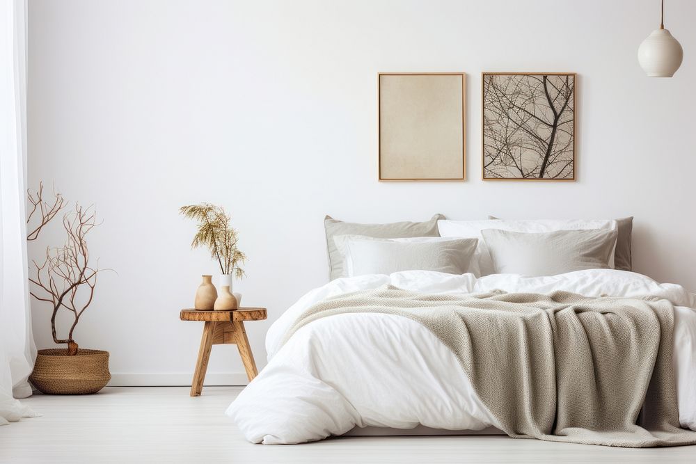 Scandinavian interior design of a bedroom furniture cushion pillow.