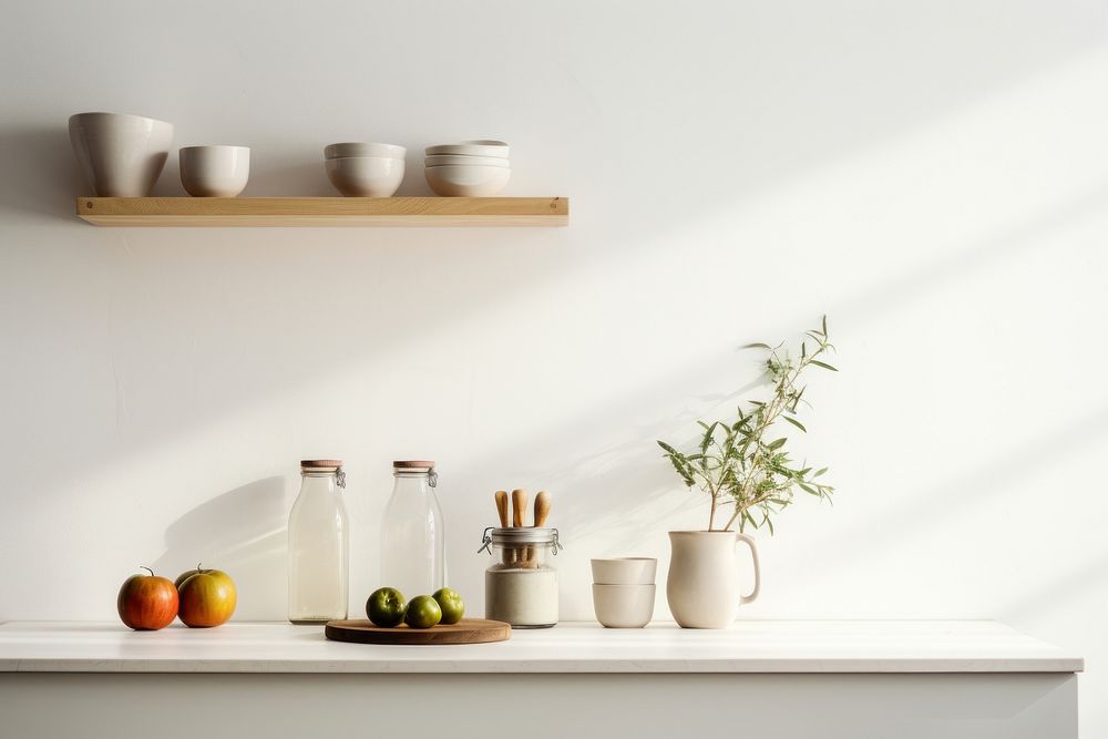 Scandinavian interior design of a kitchen wall architecture furniture.