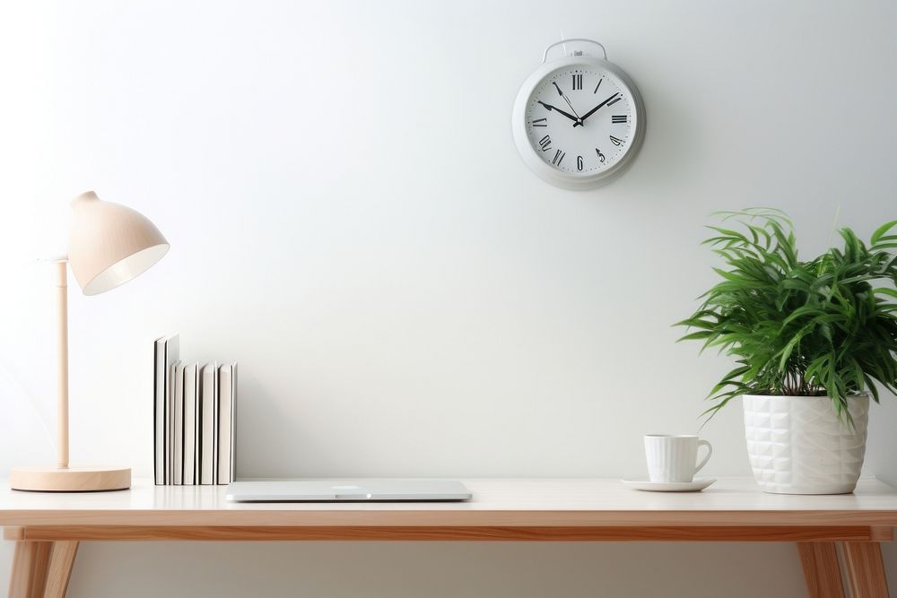 Scandinavian interior design of a home office furniture clock table.