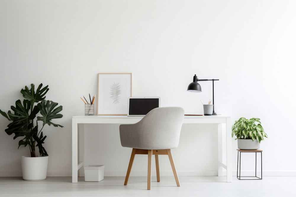 Scandinavian interior design of a home office furniture computer laptop.