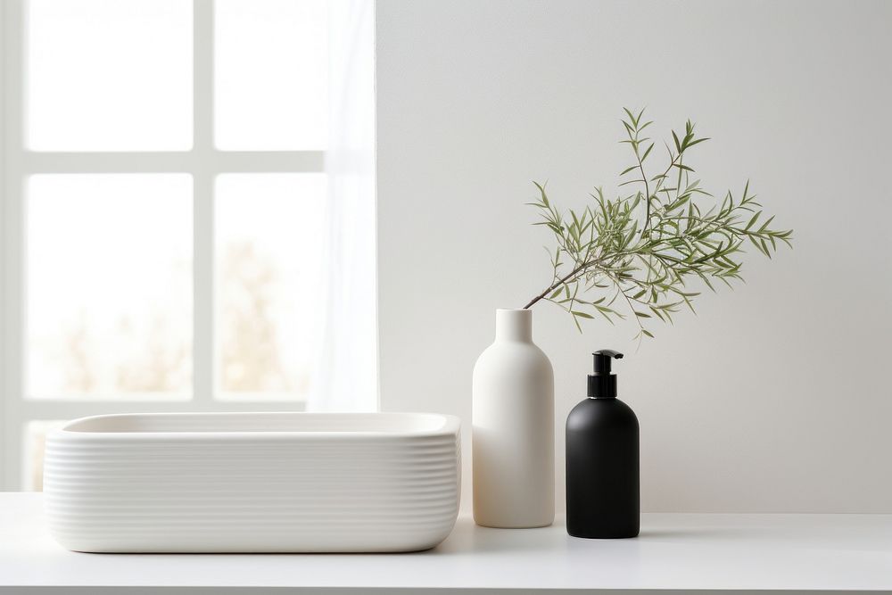 Scandinavian interior design of a rest room bathtub plant white.