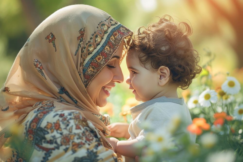 Middle eastern mom having fun with son outdoors portrait smiling.