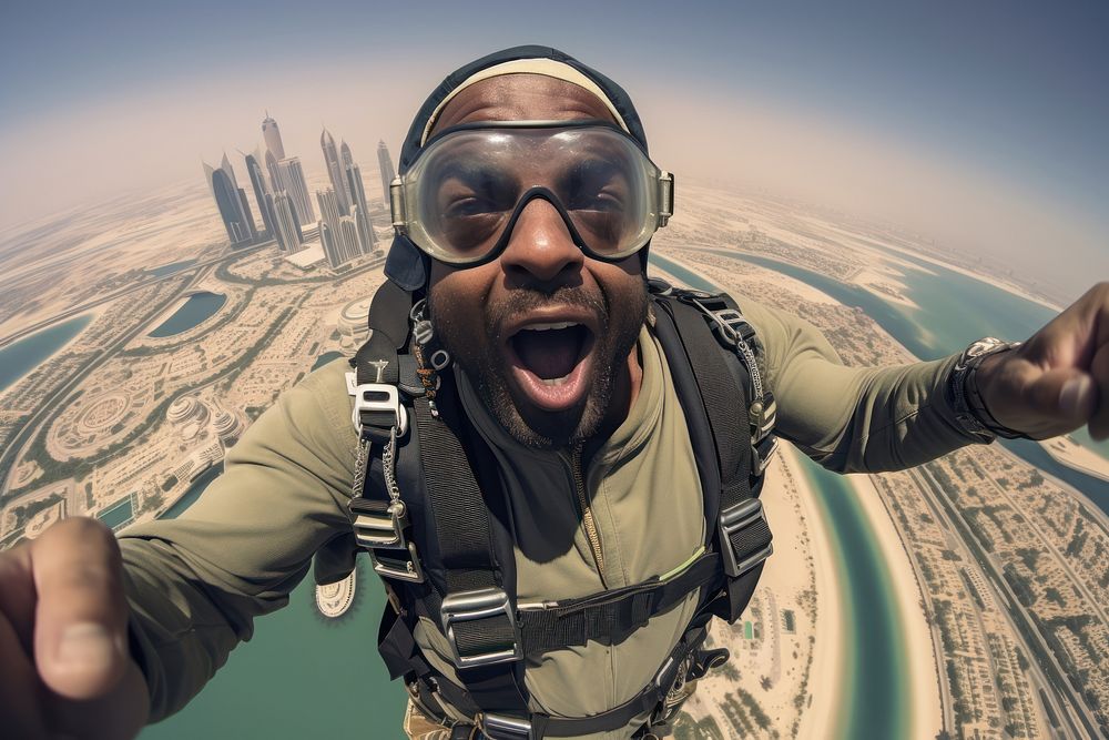 African middle age man skydiving in dubai recreation adventure portrait.