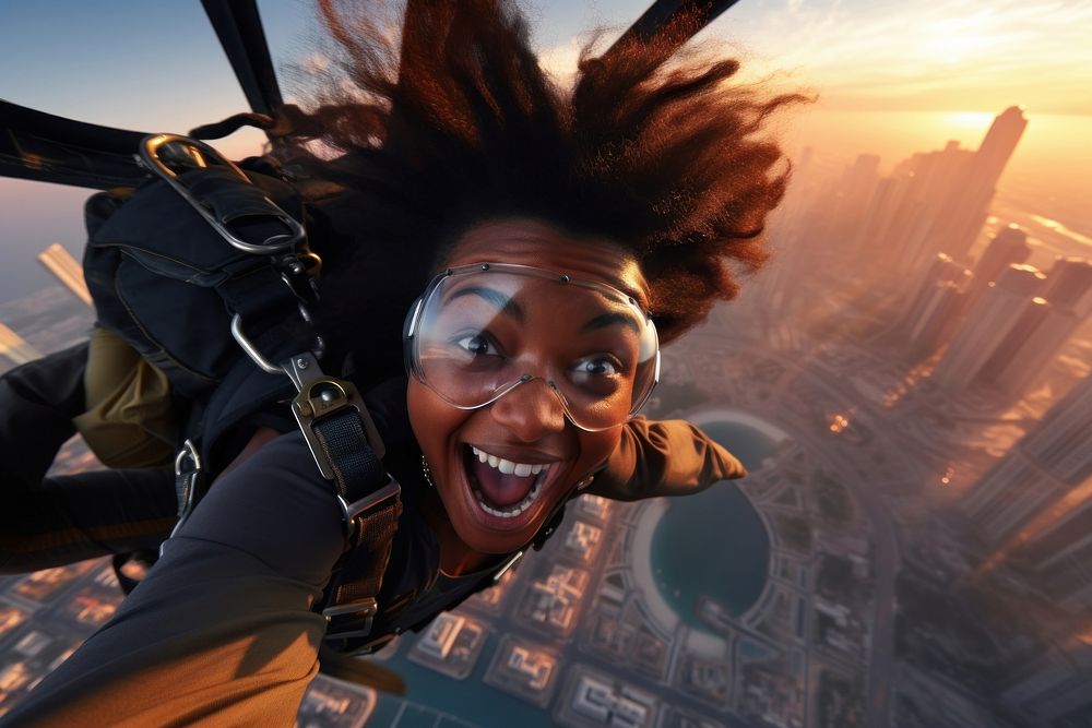 African young woman skydiving in dubai adventure portrait outdoors.