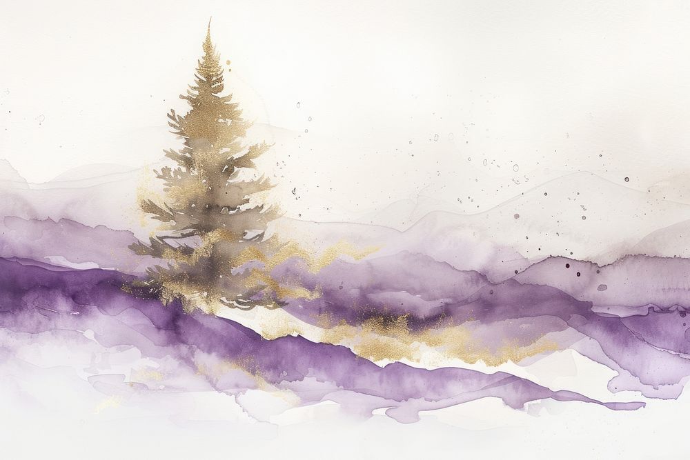 Christmas tree watercolor background painting purple plant.