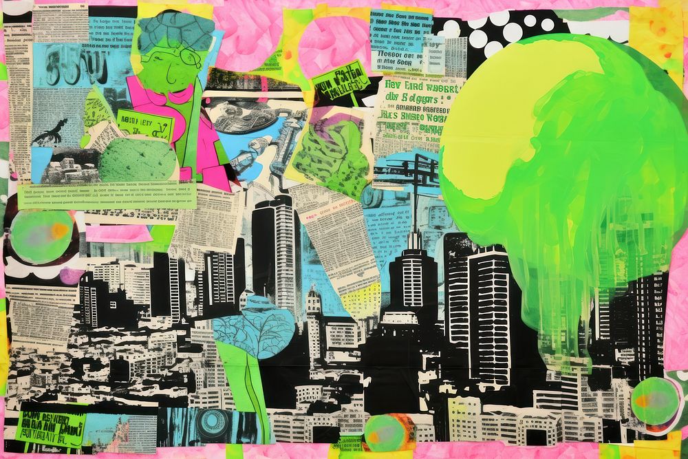 Climate change city painting collage paper.