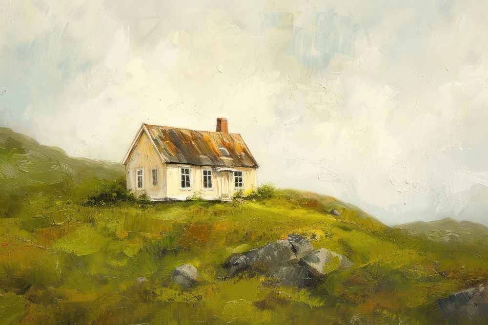 A quaint tiny house painting nature architecture.