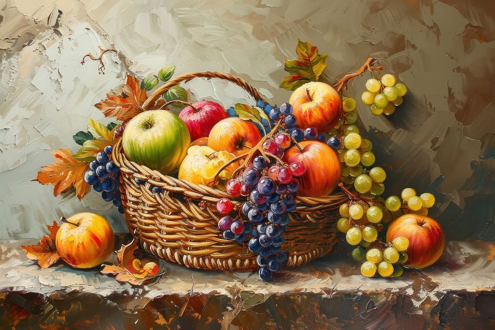 A rustic basket overflowing with an assortment of fresh fruits painting abundance grapes.