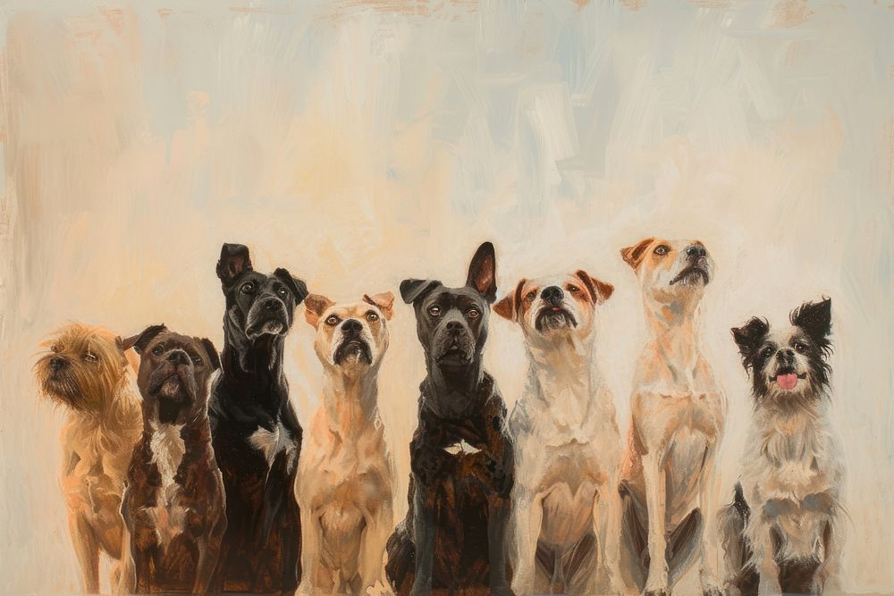A group of dogs standing proudly as winners of a contest painting drawing mammal.