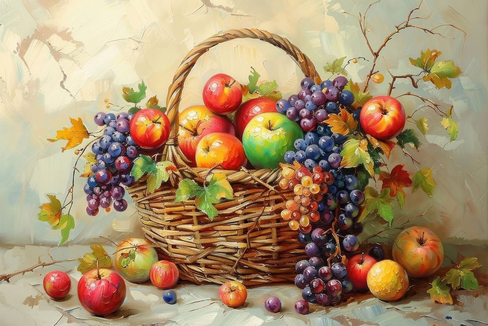 A rustic basket overflowing with an assortment of fresh fruits painting abundance harvest.