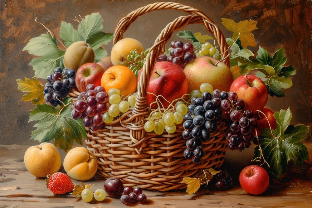 A rustic basket overflowing with an assortment of fresh fruits abundance painting apple.