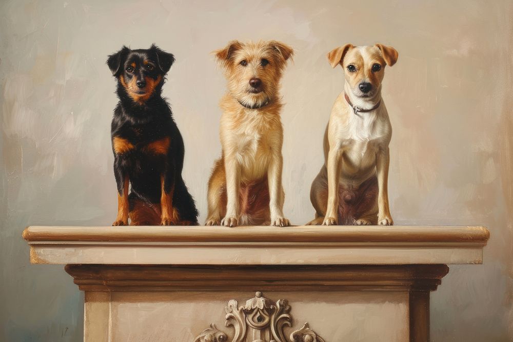 Three adorable dogs standing proudly on a contest podium painting pet mammal.