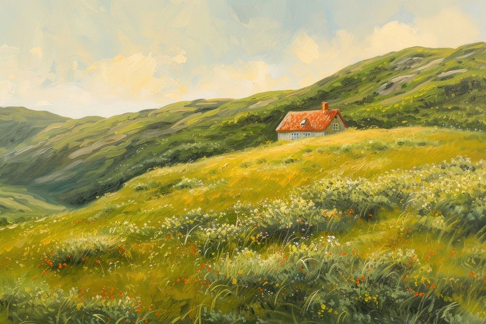A quaint tiny house painting nature land.