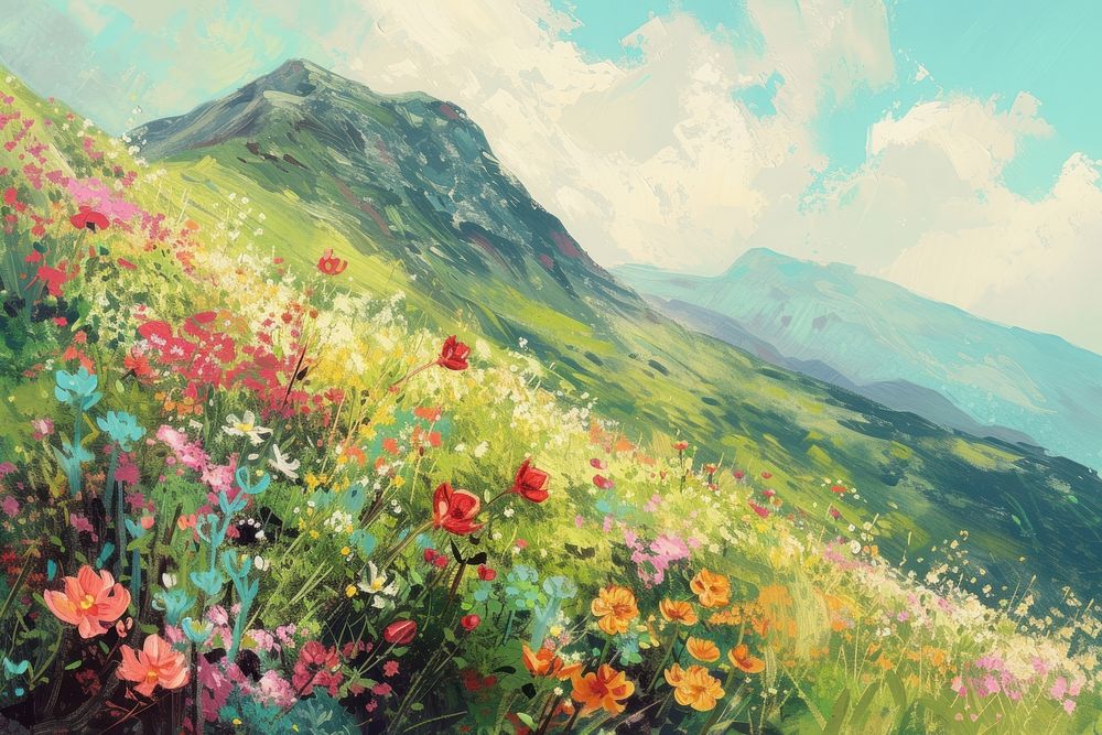 Flower mountain painting landscape grassland.