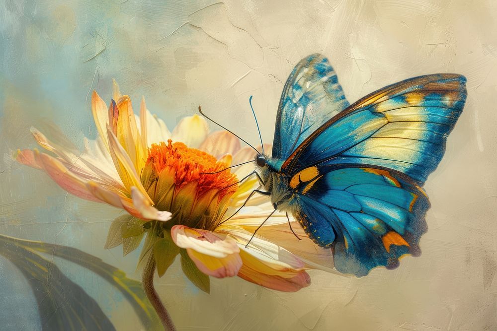 Graceful blue and yellow-winged butterfly painting flower petal.