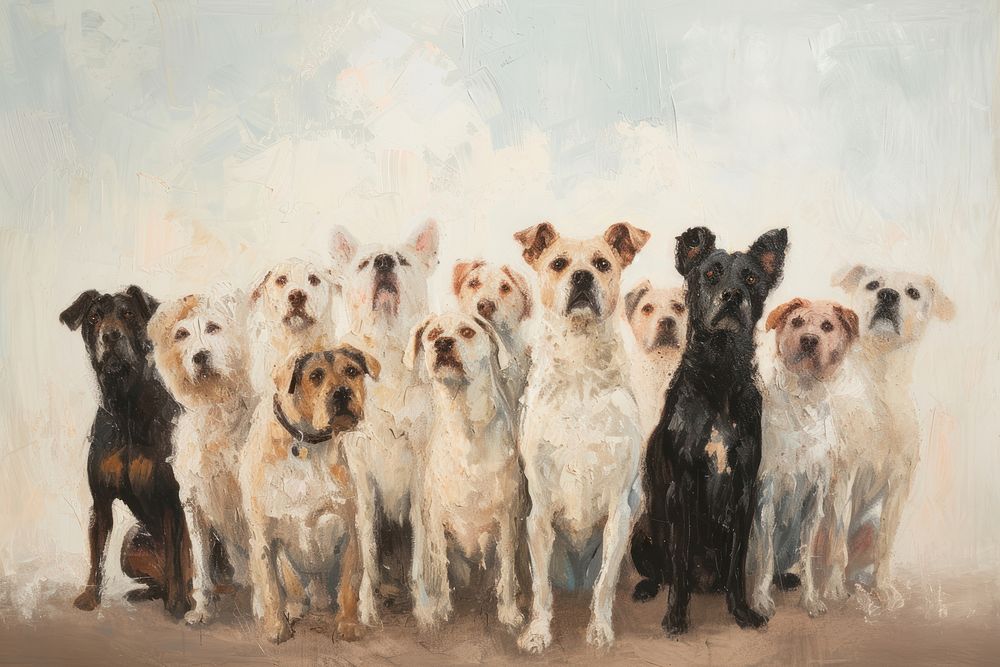 A group of dogs standing proudly as winners of a contest painting mammal animal.