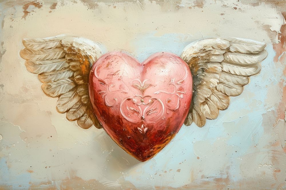 Rococo heart adorned with cupid wings painting red creativity.
