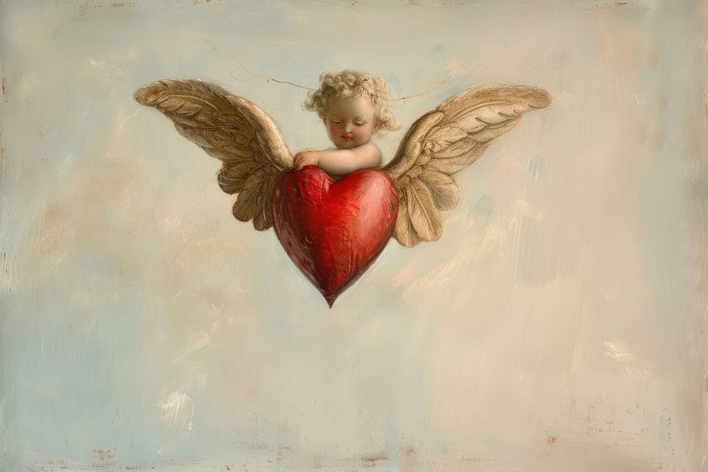 Rococo heart adorned with cupid wings painting angel red.