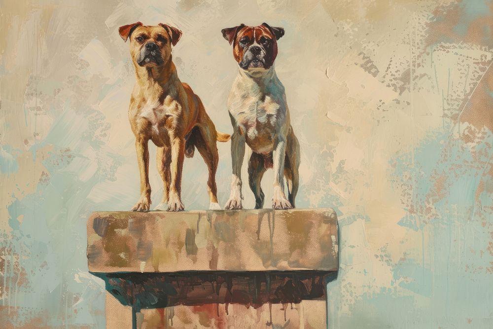 Three adorable dogs standing proudly on a contest podium painting pet drawing.