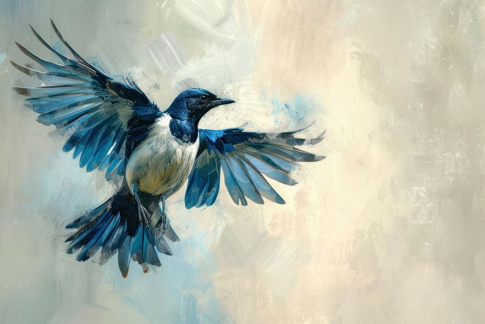Bird with blue and dark blue wings painting mid-air drawing.