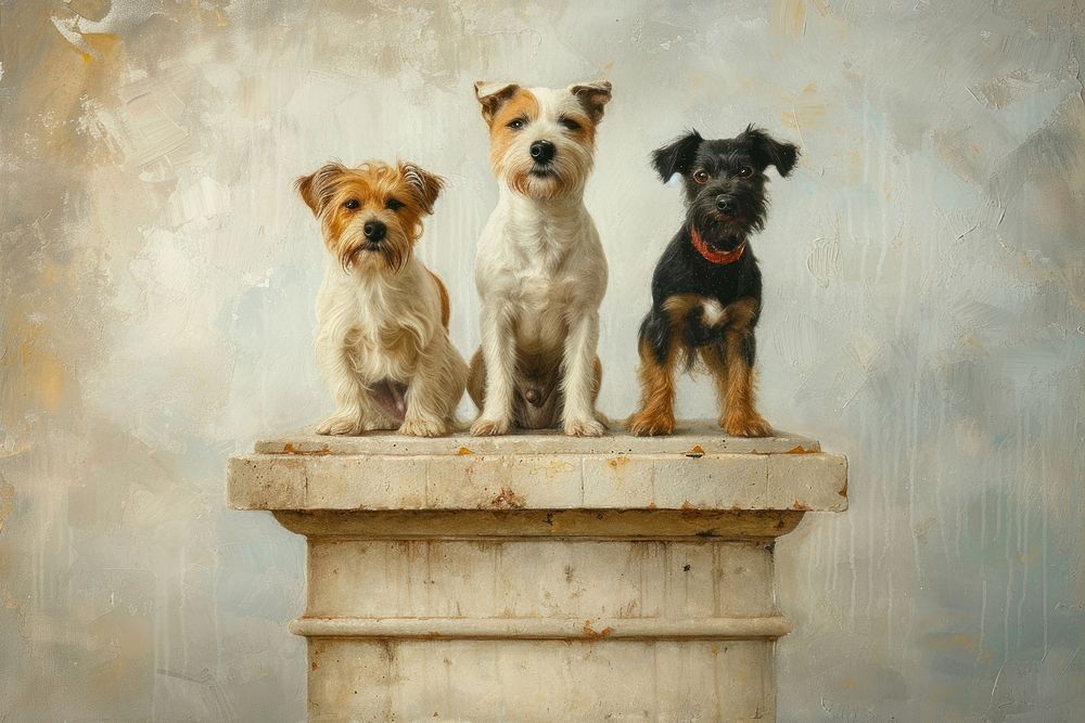 Three adorable dogs standing proudly on a contest podium pet painting terrier.