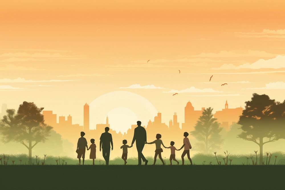 Large family in the park silhouette walking landscape.