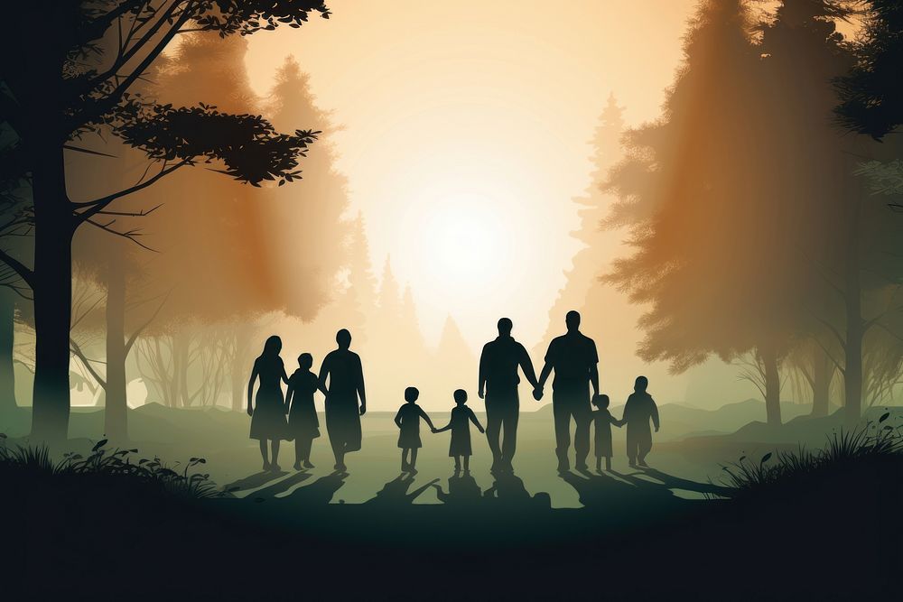 Large family in the park walking silhouette outdoors.