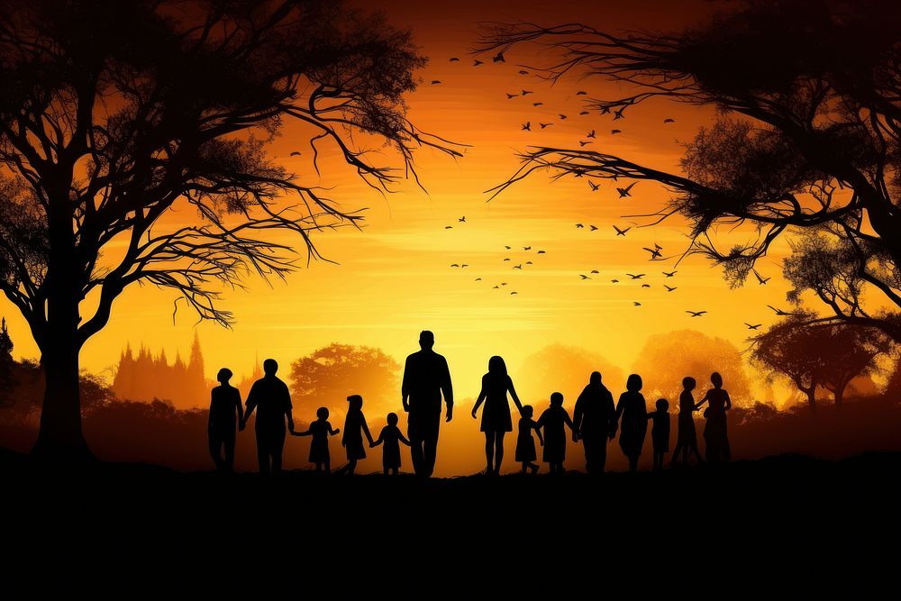 Large family in the park silhouette backlighting outdoors.