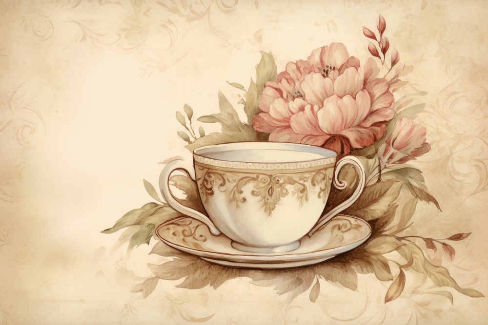 Illustration of coffee cup and flowers art porcelain painting.