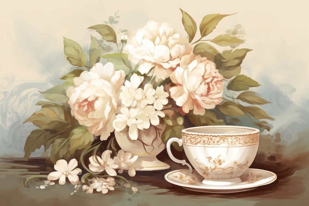 Illustration of coffee cup and flowers painting porcelain saucer.