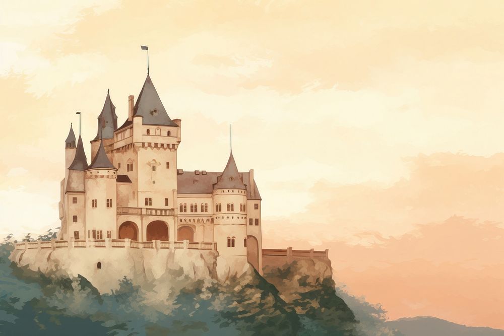 Illustration of castle architecture building twilight.