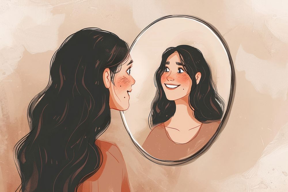 A woman smile to her self in the mirror portrait drawing cartoon.