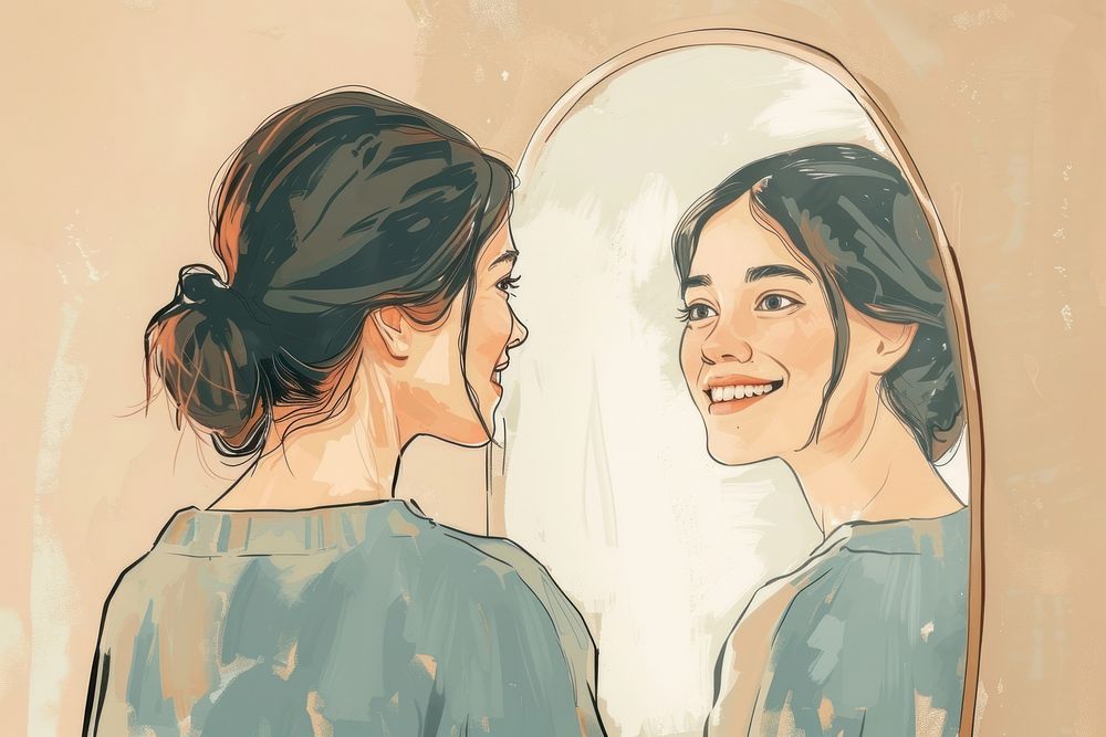 A woman smile to her self in the mirror drawing sketch adult.