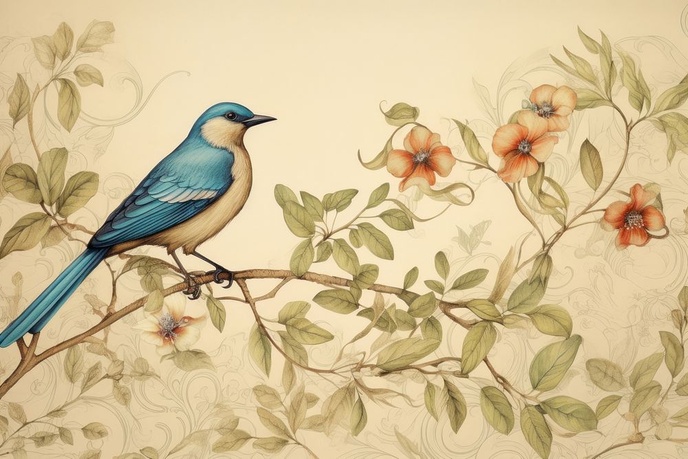 Illustration of blue bird and flower painting art animal.