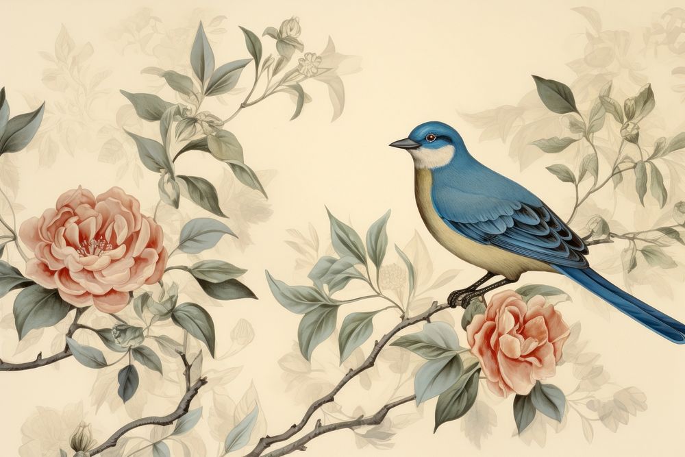 Illustration of blue bird and flower painting art pattern.