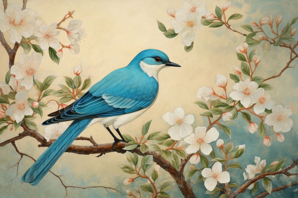 Illustration of blue bird and flower painting art animal.
