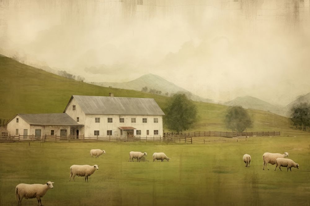 Illustration of farm grassland livestock outdoors.