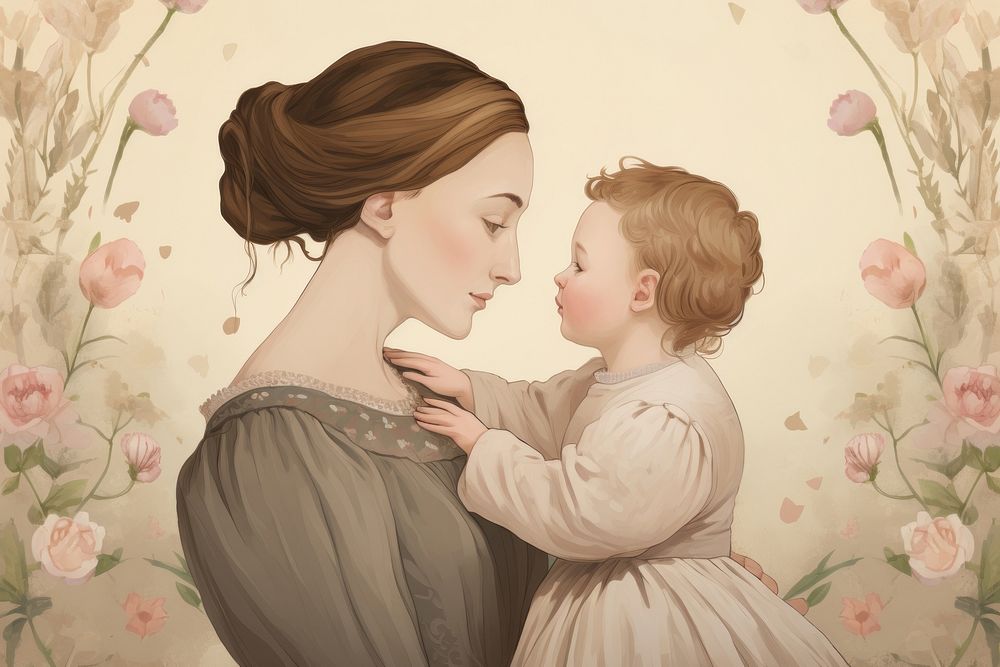 Illustration of mother and flowers painting portrait adult.