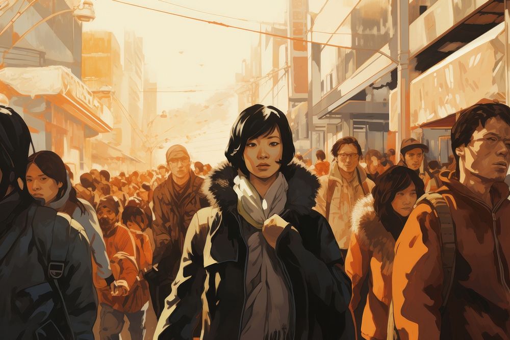 Crowd of Asian walking street adult.