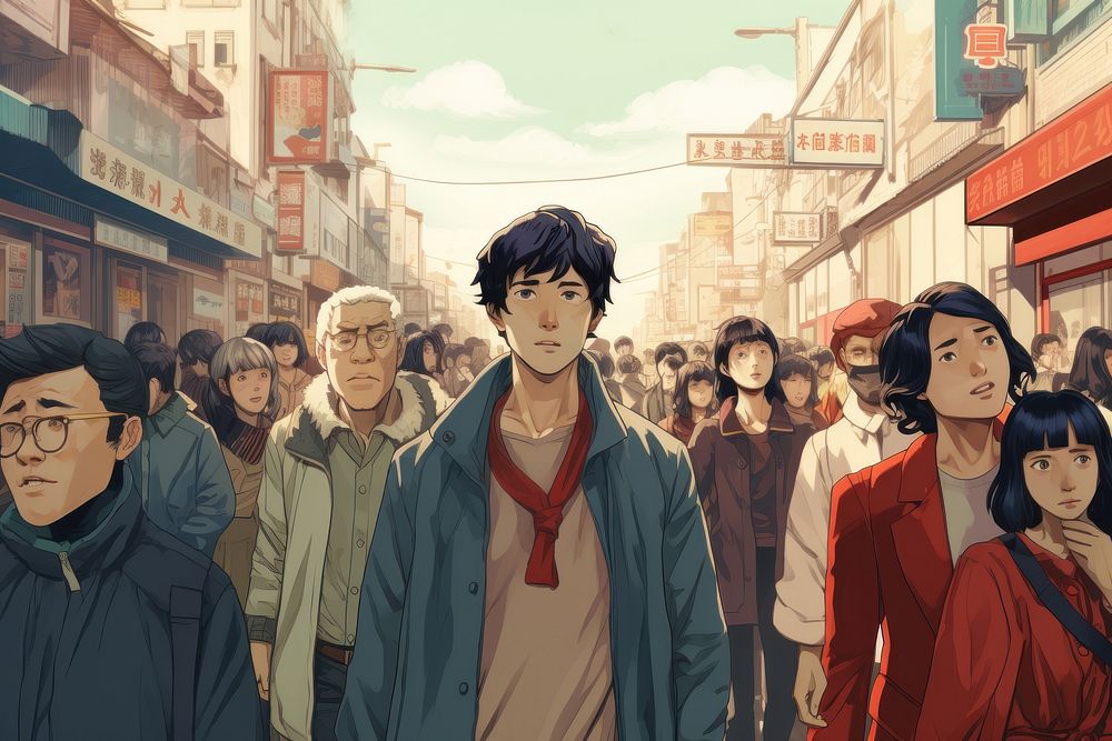 Crowd of Asian walking street adult.