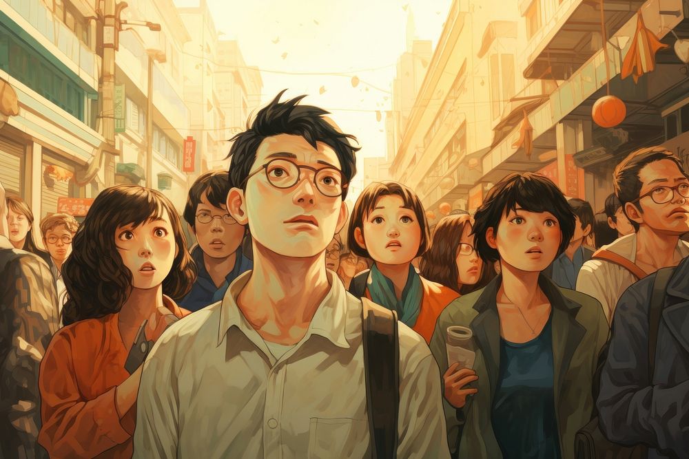 Crowd of Asian glasses street adult.
